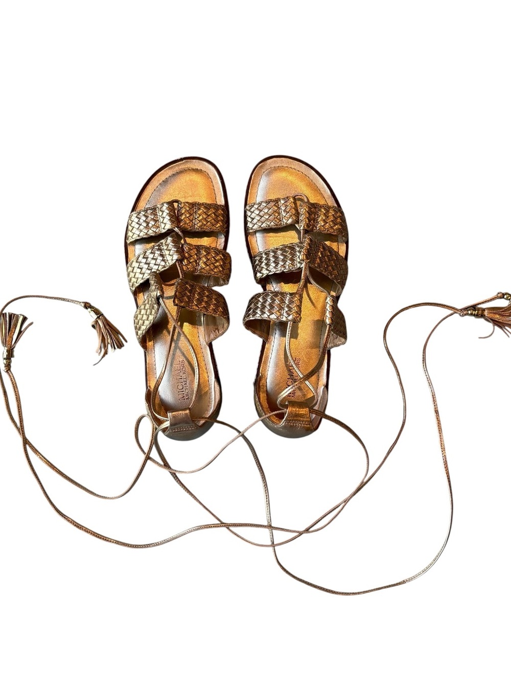 Michael Kors Monterey Gold Woven Gladiator Sandals 6 Boho Coquette Festival Y2K